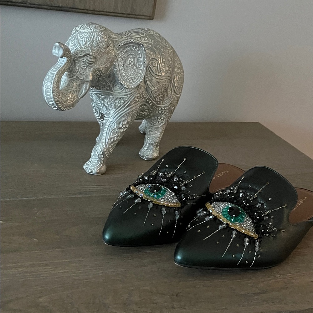 Kurt Geiger Black Mules with Green Embellishments